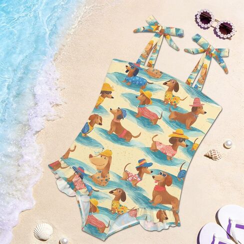 Fun Dachshund Toddler Swimsuit Girls Swimwear Bow Straps Ruffle Sling Adjustable One Piece Bathing Suits in Kuwait