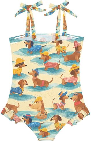 Fun Dachshund Toddler Swimsuit Girls Swimwear Bow Straps Ruffle Sling Adjustable One Piece Bathing Suits in Kuwait