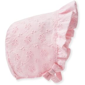 Baby Bonnet Cotton Eyelet Lace Infant Girl Summer Hat Cap | Breathable 100% cotton eyelet lace, adjustable windproof chin strap, 3 sizes 3-6M to 18M, bow decor for baptism & daily wear in Kuwait