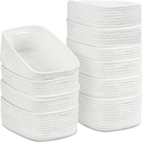 10 Pack Small Woven Baskets for Organizing, 12"x8"x5" White Cotton Rope Storage Bins with Handle, Empty Gift Basket Kit for Baby Shower, Nursery, Shelf, Bathroom & Closet Organizing in Saudi Arabia