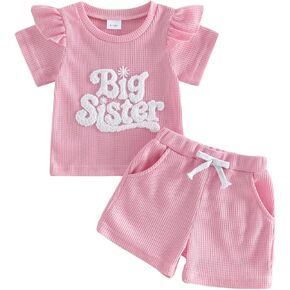 Toddler Baby Brother Sister Matching Outfits Big&Little Sis Bro Waffle Knit Short Sleeve T-Shirt and Shorts Set in Saudi Arabia
