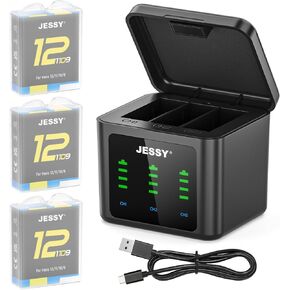 JESSY 3-Channel Battery Charger Kits for GoPro Hero 12 11 10 9 Black, 3 Pack Replacement Batteries and Type-C Battery Charge Case for Go Pro 12 11 10 9 Original Batteries Accessories in Saudi Arabia