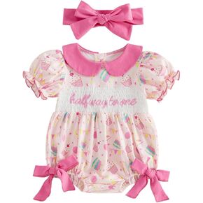 Baby Girl Birthday Outfit Halfway To One/One Bubble Romper Print Onesie Smocked Bodysuit Cute Summer Clothes in Saudi Arabia