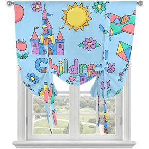 Tie Up Curtains for Small Windows,Adjustable Rod Pocket Children's Day Valance 45 Inch Short, Airplanes Sailing Boats Tree Cartoon Pink Window Treatment Balloon Roman Blind Shade, 34" x 45" in Kuwait