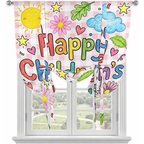 Tie Up Curtains for Kitchen Windows,Adjustable Rod Pocket Children's Day Valance 63 Inch Long, Cartoon Cute Sun Nature Flowers Leaf Window Treatment Balloon Roman Blind Shade, 46" x 63" in Kuwait