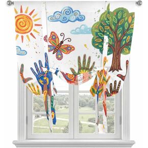 Tie Up Curtains for Kitchen Windows,Adjustable Rod Pocket Children's Day Valance 63 Inch Long, Cartoon Handprint Butterfly Retro Beige Window Treatment Balloon Roman Blind Shade, 42" x 63" in Kuwait