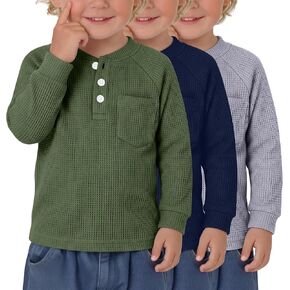 3 Pack Toddler Boys Henley Tops | 12M-5T, Baby, Kids, Little Girls, Long Sleeve Shirts, Waffle Knit, Thermal Tops, Henley, Casual Basic T-Shirts, School Wear in Kuwait