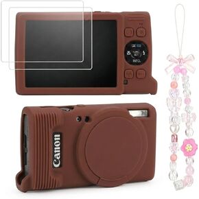 Case for Canon PowerShot ELPH 360/IXY 650 with Cute Charm Wrist Strap and Screen Protector, Built-in Lens Cap Silicone Protective Cover for Canon ELPH 360 HS/IXY 650 - Coffee Brown in Kuwait