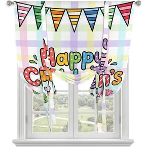 Tie Up Curtains for Kitchen Windows,Adjustable Rod Pocket Children's Day Valance 54 Inch Long, Cartoon Colorful Polka Dot Flowers Leaf Window Treatment Balloon Roman Blind Shade, 42" x 54" in Kuwait