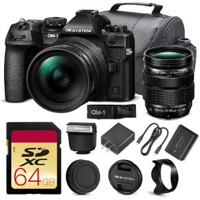 OM SYSTEM OM-1 Mark II Mirrorless Camera with 12-40mm f/2.8 PRO Lens Bundle | 20MP Stacked BSI Sensor, 5-Axis IBIS, 120fps Burst & 4K Video | for Travel & Wildlife (V210041BU000) + 64GB Card + Bag in Kuwait
