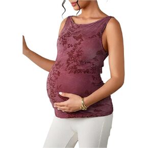 RoseSeek Women's Maternity Tank Tops Botanical Print Tie Back Tops Crew Neck Elegant Slim Fit Top in Kuwait