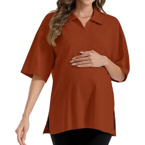 Sosolism Cool-Touch Maternity Shirt for Women's 100% Cotton Polo Collar | Dropped shoulder Short Sleeve Side Slits Oversized Polo Maternity Shirt, 230gsm Cool-Touch Breathable Sotf 100%Cotton in Kuwait