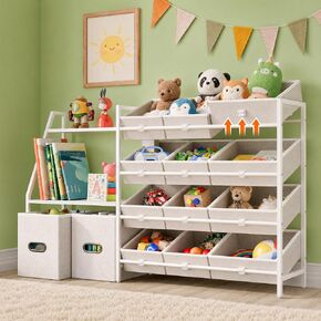 CODACE Kids Toy Storage Organizer - Toy Storage Shelf for Toddlers with 12 Removable Fabric Bins & 2 Boxes & 2-Tier Bookshelves, Organization for Playroom & Bedroom & Nursery, Anti-Tip Design, White in Kuwait