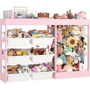 50.6" W Toy Storage, Large Kids Toy Organizer with 153L Stuffed Animal Zoo, 6 Removable Plastic Bins and Open Top Compartment, Wooden Toddler Cabinet for Girls Boys Playroom, Nursery in Saudi Arabia