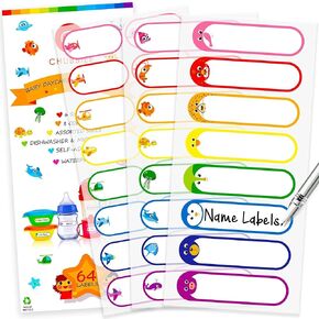Baby Bottle & Daycare Name Labels, Self-Laminating Waterproof Stickers for Kids Stuff, Dishwasher Safe Write-On Name Tags for School & Home, Assorted Sizes & Colors, Pack of 64 in Kuwait