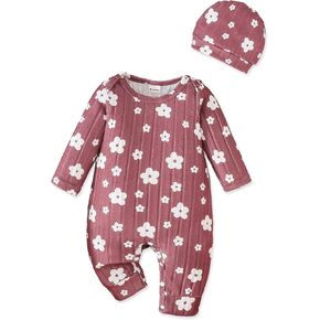 Newborn Baby Girl Clothes Infant Romper Fall Winter Outfits Floral Letter Bodysuit+Hat in Saudi Arabia
