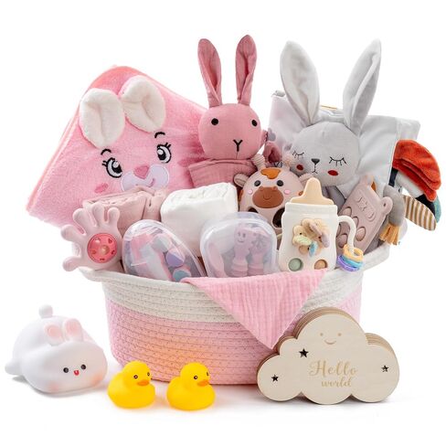 Baby Shower Gifts for Girls, 26 Piece Deluxe Baby Gift Basket - Baby Girl Gift Basket with Bunny Night Light, Electric Nail Trimmer, Bath Towe, Rattle & Milestone Cards for New Mom(Pink) in Saudi Arabia