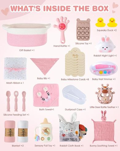 Baby Shower Gifts for Girls, 26 Piece Deluxe Baby Gift Basket - Baby Girl Gift Basket with Bunny Night Light, Electric Nail Trimmer, Bath Towe, Rattle & Milestone Cards for New Mom(Pink) in Saudi Arabia