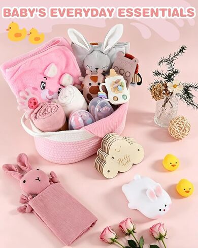 Baby Shower Gifts for Girls, 26 Piece Deluxe Baby Gift Basket - Baby Girl Gift Basket with Bunny Night Light, Electric Nail Trimmer, Bath Towe, Rattle & Milestone Cards for New Mom(Pink) in Saudi Arabia