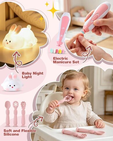 Baby Shower Gifts for Girls, 26 Piece Deluxe Baby Gift Basket - Baby Girl Gift Basket with Bunny Night Light, Electric Nail Trimmer, Bath Towe, Rattle & Milestone Cards for New Mom(Pink) in Saudi Arabia
