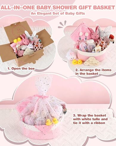 Baby Shower Gifts for Girls, 26 Piece Deluxe Baby Gift Basket - Baby Girl Gift Basket with Bunny Night Light, Electric Nail Trimmer, Bath Towe, Rattle & Milestone Cards for New Mom(Pink) in Saudi Arabia