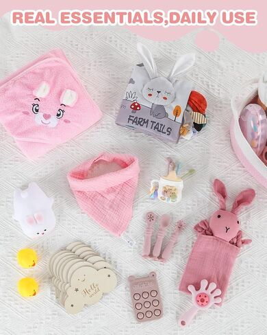 Baby Shower Gifts for Girls, 26 Piece Deluxe Baby Gift Basket - Baby Girl Gift Basket with Bunny Night Light, Electric Nail Trimmer, Bath Towe, Rattle & Milestone Cards for New Mom(Pink) in Saudi Arabia