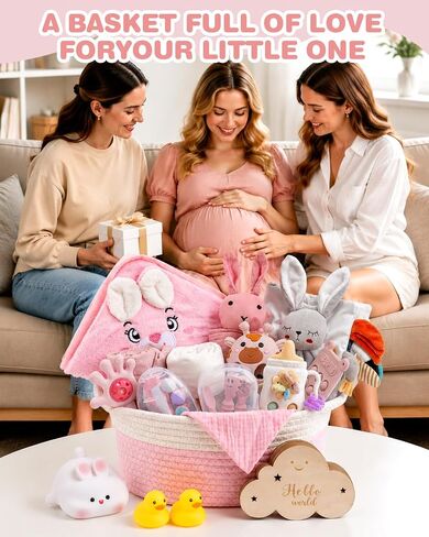 Baby Shower Gifts for Girls, 26 Piece Deluxe Baby Gift Basket - Baby Girl Gift Basket with Bunny Night Light, Electric Nail Trimmer, Bath Towe, Rattle & Milestone Cards for New Mom(Pink) in Saudi Arabia