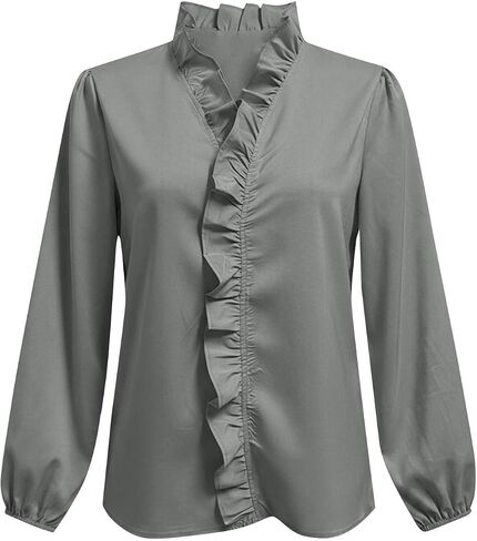 Ruffle Trim V Neck Work Shirts for Women Lantern Long Sleeve Dressy Blouses | Elegant Tops for Women, Puff Sleeve, Ladies Office Business Casual Wedding Formal Daily Wear, Spring Fall Outfits in Kuwait