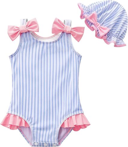 GEMLON Infant Girl Swimsuit Ruffled Stripe Bow One Piece Bathing Suit with Hats Summer 12M-4T Swimsuit for Girls in Kuwait