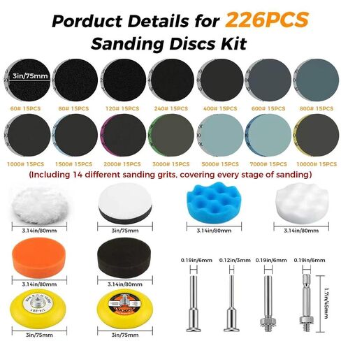 226pcs 3 Inch Sanding Disc Headlight Buffing Sanding Pads Restoration Kit Wet Dry 60 to 10000 Grits Hook and Loop Drill Sanding Attachment with 1/4" 1/8" Shank for Car Wood Metal Glass Resin in Kuwait
