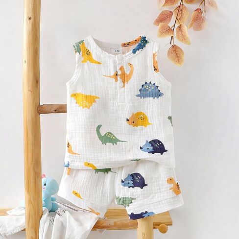 Baby Boy Dinosaur Shorts Set Sleeveless Button Top and Casual Shorts 2PCS Summer Outfit Infant Clothes in Kuwait