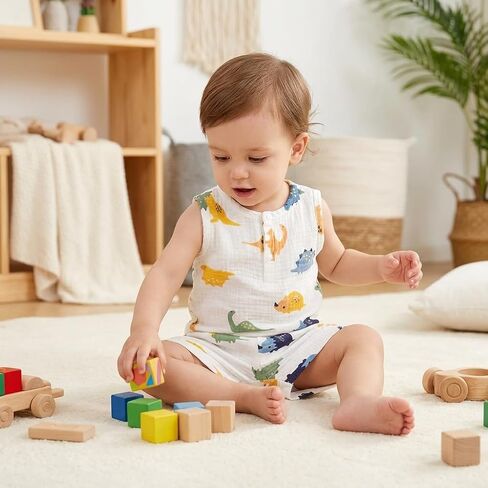 Baby Boy Dinosaur Shorts Set Sleeveless Button Top and Casual Shorts 2PCS Summer Outfit Infant Clothes in Kuwait
