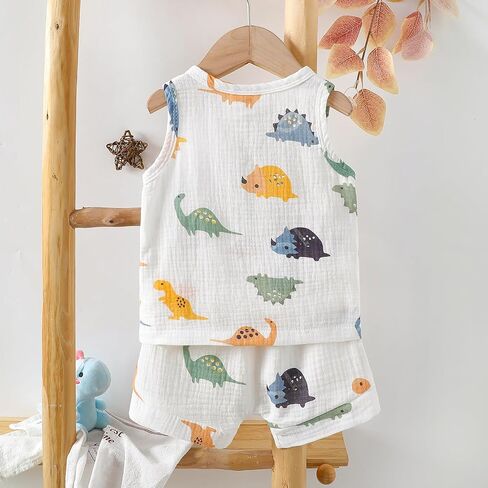 Baby Boy Dinosaur Shorts Set Sleeveless Button Top and Casual Shorts 2PCS Summer Outfit Infant Clothes in Kuwait