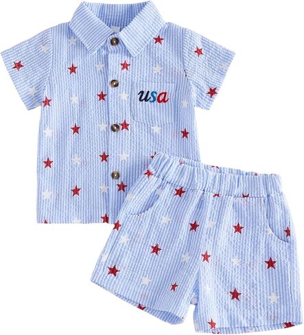 Toddler Baby Boy 4th of July Outfit USA Short Sleeve Button Down T Shirt Stars Stripes Shorts Infant Clothes Set in Kuwait