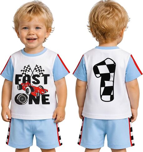 GLIGLITTR 1st Birthday Boy Outfit Fast One Race Car Shirt One Year Old Baby Boy First B-day Party Outfits 2pcs Shorts Set in Kuwait