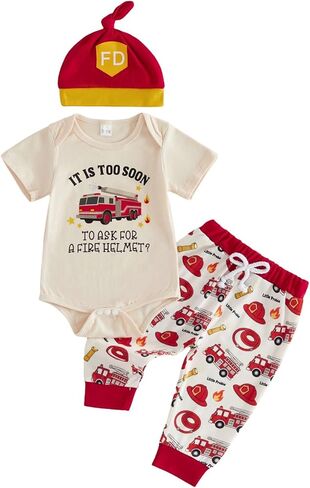GOOCHEER Newborn Baby Boy Clothes Firefighter Police Car Short Sleeve Romper Shirt Top Pants Hat Set Summer Outfits in Kuwait
