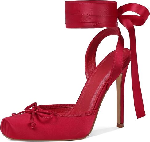 Celbreez Ballet Heels Satin Stiletto Heels for Women Close Square Toe Slingback Bow Lace Up High Heels Women's Pumps Strappy Mary Jane Ballerina in Kuwait