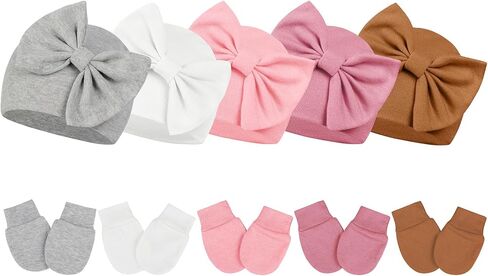 Century Star 5-Pack Newborn Baby Girl Cotton Hats & Mittens Set - Soft Hospital Beanies with Big Bows 0-6 Months in Kuwait