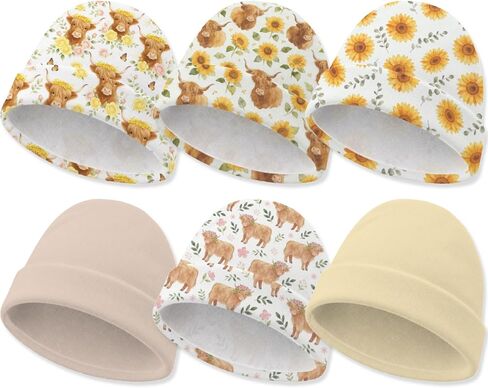 6 Pcs Baby Hat Newborn Hat 4 Pcs Highland Cow Theme Newborn Caps 2 Pcs Yellow Beige Baby Beanie Infant Caps Sunflower Cotton Soft Unisex Toddler 0-6 Months 5.9x5.5 Inch Baby Boy Girl in Kuwait