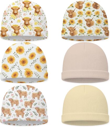6 Pcs Baby Hat Newborn Hat 4 Pcs Highland Cow Theme Newborn Caps 2 Pcs Yellow Beige Baby Beanie Infant Caps Sunflower Cotton Soft Unisex Toddler 0-6 Months 5.9x5.5 Inch Baby Boy Girl in Kuwait