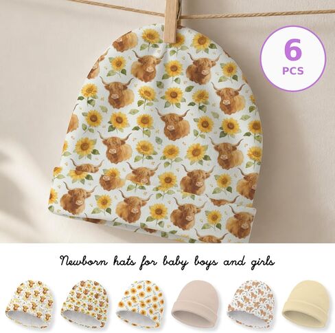 6 Pcs Baby Hat Newborn Hat 4 Pcs Highland Cow Theme Newborn Caps 2 Pcs Yellow Beige Baby Beanie Infant Caps Sunflower Cotton Soft Unisex Toddler 0-6 Months 5.9x5.5 Inch Baby Boy Girl in Kuwait