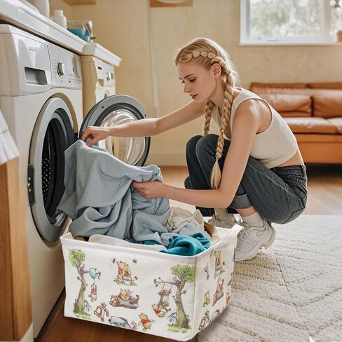 Rectangle Cute Bear Nursery Storage Basket With A Waterproof PE Coating, Foldable Large Canvas Laundry Hamper, Decorative Storage Baskets Suitable For Bathroom and Bedroom (White) in Kuwait