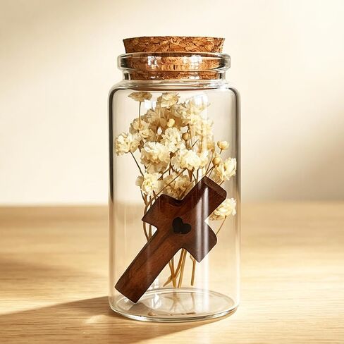 YILUSHENGHUA Wooden Comfort Pocket Cross in Glass Vial with White Dried Baby’s Breath - Cross Decor & Cross Fidget for Anxiety Relief,Graduation Gift,Christian Gifts for Women,Mini Desk & Shelf Decor in Kuwait