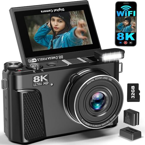 8K Digital Camera for Photography, Autofocus Vlogging Camera for YouTube | 18X Zoom & 3" 180° Flip Screen 88MP Travel Camera with 2 Batteries and 32 GB Gard, Gunmetal in Kuwait