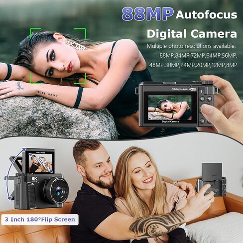 8K Digital Camera for Photography, Autofocus Vlogging Camera for YouTube | 18X Zoom & 3" 180° Flip Screen 88MP Travel Camera with 2 Batteries and 32 GB Gard, Gunmetal in Kuwait