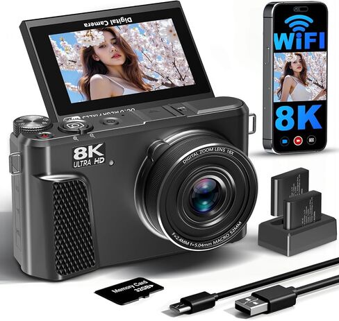 8K Digital Camera for Photography,88MP HD WiFi Vlogging Camera for YouTube | 3" 180° Flip Screen,Autofocus,Compact Camera with 18X Digital Zoom,Flash,32GB TF Card & 2 Batteries(Gunmetal) in Kuwait