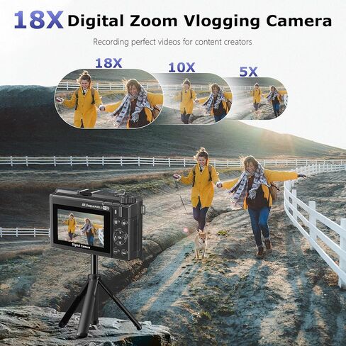 8K Digital Camera for Photography, Autofocus Vlogging Camera for YouTube | 18X Zoom & 3" 180° Flip Screen 88MP Travel Camera with 2 Batteries and 32 GB Gard, Gunmetal in Kuwait