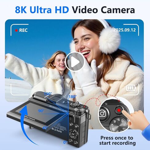 8K Digital Camera for Photography,88MP HD WiFi Vlogging Camera for YouTube | 3" 180° Flip Screen,Autofocus,Compact Camera with 18X Digital Zoom,Flash,32GB TF Card & 2 Batteries(Gunmetal) in Kuwait