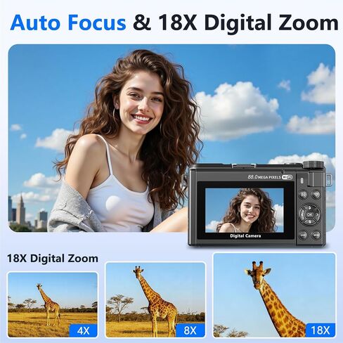 8K Digital Camera for Photography,88MP HD WiFi Vlogging Camera for YouTube | 3" 180° Flip Screen,Autofocus,Compact Camera with 18X Digital Zoom,Flash,32GB TF Card & 2 Batteries(Gunmetal) in Kuwait
