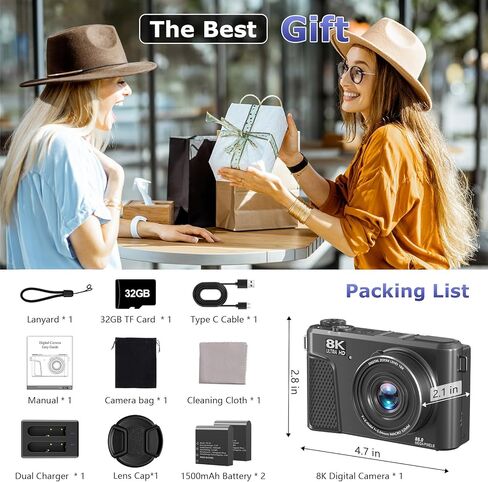 8K Digital Camera for Photography, Autofocus Vlogging Camera for YouTube | 18X Zoom & 3" 180° Flip Screen 88MP Travel Camera with 2 Batteries and 32 GB Gard, Gunmetal in Kuwait